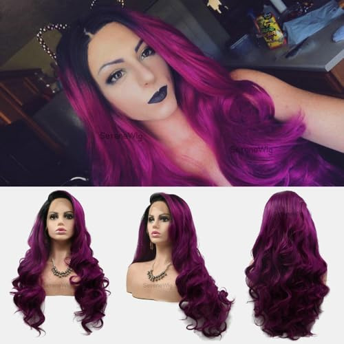 SereneWig Perruque 1B noire ombrée violette longue ondulée synthétique résistante à la chaleur pour femme au quotidien, fête, cosplay, racines foncées à violet/violet lavande, 61 cm avec raie latérale