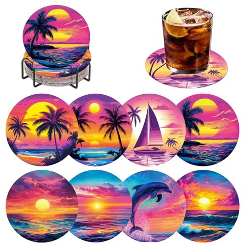 DOMROM Diamond Painting Untersetzer Landschaft, 8 Stück Diamant Painting Untersetzer Mit Halter, Sonnenuntergang Diamond Painting Bilder Meer Sommer Diamant Tassenuntersetze zum Basteln Erwachsene