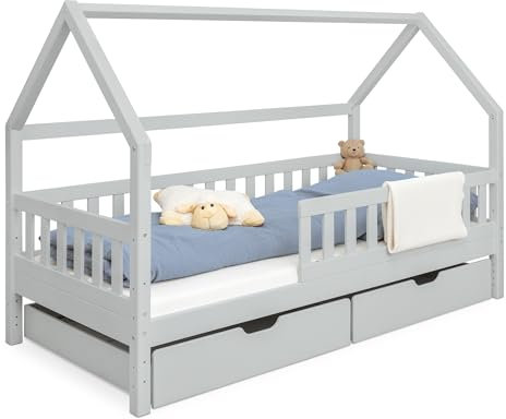 Ehrenkind® Hausbett Lille | Kinderbett mit abnehmbaren Rausfallschutz aus Massivholz FSC® zertifziert inkl. Schubladen | Hausbett 90x200 | Kinderbett 90x200 Grau