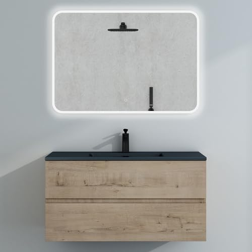 Mai & Mai Waschtisch mit Unterschrank Waschbecken Waschbeckenunterschrank | Badmöbel-Set 100x48x50cm Eiche Greige, mit Waschbecken in Anthrazit, 2-Schubladen Soft-Close inkl. LED-Spiegel Aqualis