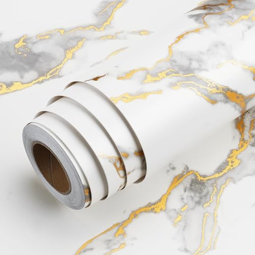 LACHEERY Weiß Gold Klebefolie Möbel Marmor Matt Möbelfolie Selbstklebend Küche 30cm x 400cm Küchenfolie Arbeitsplatte Marmor Vinyl Wasserfest Folie für Küchenschränke Fensterbank Tapeten Küche Wand