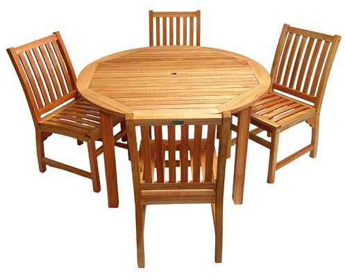 BrackenStyle Melton Hardwood Garden Dining Set Four Seat Clear Finish – 120cm Round Table & 4 Side Chairs – Commercial Quality Outdoor Patio Furniture