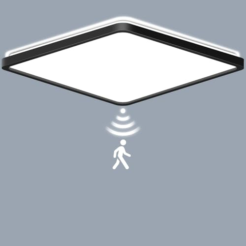LEZOE LED Deckenleuchte mit Bewegungsmelder, 24W 2400LM Radar Sesor LED Deckenlampe Dimmbar mit Fernbedienung, 3000K/4000K/6500K Sensorleuchte Für Bade, Treppen, Keller, Flur, Diele 30CM Schwarz