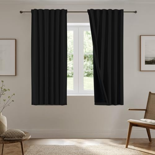 BellaHills 100% Verdunklungsvorhänge für Schlafzimmer, Wohnzimmer Vorhänge Fenster Kurz Blickdicht Thermo Gardinen Hitzeschutz, 2er Set H145 x B140 cm, Schwarz