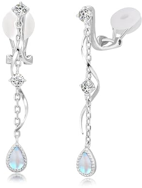 PHNIBIRD 45mm Lange Damen Ohrclips Silber mit Geburtsstein Ohrhänger | Hypoallergen, leicht und komfortabel, mit Silikonpads, schmerzfrei, Ohrringe ohne Ohrlöcher,für Alltag, Geburtsstein Schmcck