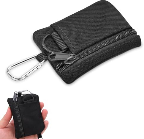 VYNZOR Mini Portefeuille Homme Minimaliste en Nylon, Porte-Monnaie avec Fermeture Éclair et Mousqueton, Compact pour Pièces, Cartes et Clés, Noir, Idéal pour Voyage