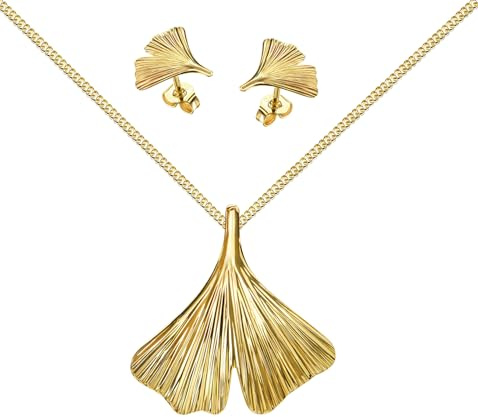 JEVELION Gold 333 Schmuckset Ginkgo-Goldanhänger und 2x Ohrstecker für Damen mit Kette oder ohne Kette + Schmuck-Etui + Zertifikat