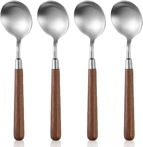 4 pièces cuillères à soupe argenterie, 7, 6x2 cuillères à soupe rondes en acier inoxydable avec manche en bois confortable vaisselle pour la cuisine domicile restaurant en acier inoxydable