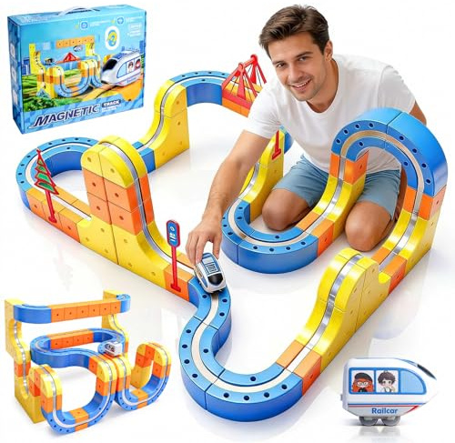 FOTSHARER Electric Train Set for 3 4 5 6 7 8, 3D Flexible Race Track 131 PCS Car Track for Toddlers 3-5, Track Fusion Toy Gravity Defying Train Track Embedded Layouts Train Track Set DIY Cube Track