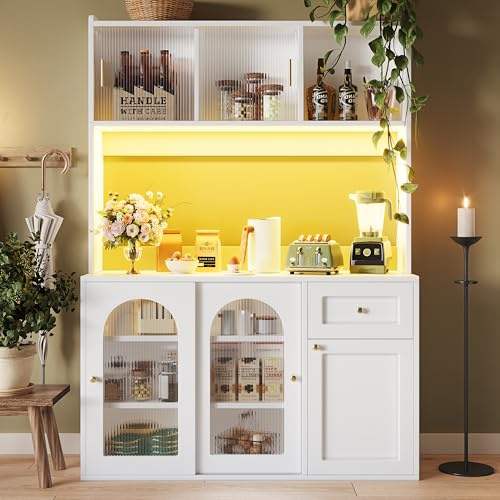 FammyLoft Kitchen Cabinet with Adjustable Shelves, Tall Cabinet with LED Lighting and Glass Sliding Doors, Sideboard with Anti-Tip Safety Feature, Kitchen Buffet, 120 * 35 * 167cm, White