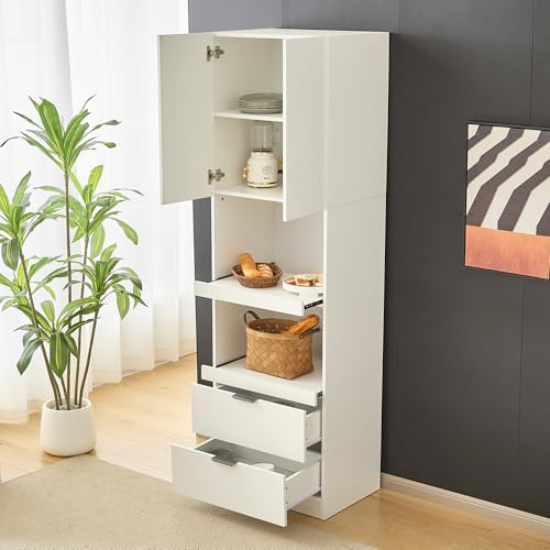 Mielvu Mobili da cucina alti 200 cm, armadi, porte, cassetti, scaffali a microonde, armadi alti con protezione antiribaltamento, credenze indipendenti per sala da pranzo, soggiorno bianco