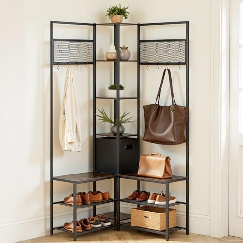 VEVOR Multifunktionale Eckgarderobe (180 cm Hoch) mit Haken, Ablagefläche & Stahlrahmen, Garderobenständer mit Kippsicherung, Garderobenregal für Eingangsbereich Büro Wohnzimmer, Rustikales Braun