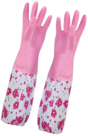 POPETPOP Thickened Long Cuff Dishwashing Gloves with Fleece Lining Reusable Kitchen Cleaning Gloves for Washing Dishes for Winter Kitchen Use (pink)