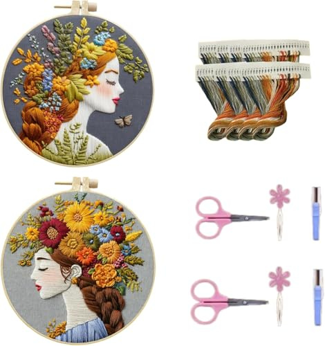 Fengbay Stickset für Anfänger, 2 Set Starter Kit, mit Stoff mit Drucken, Fäden, Nadeln, Reifen (Mädchen)