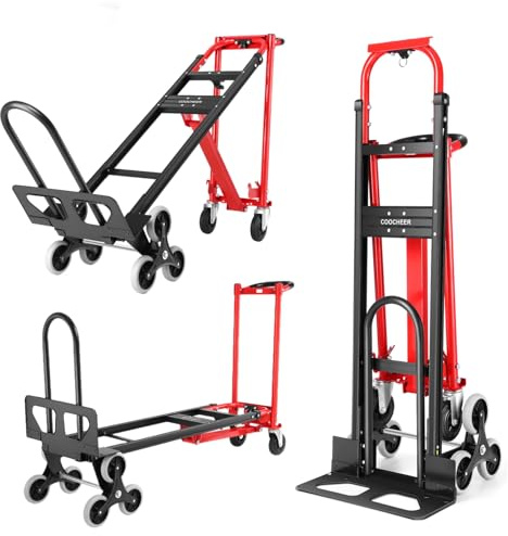 Heavy Duty 1000LBS Stair Climbing Dolly, 3 in 1 Convertible Hand Truck, Folding Hand Truck Dolly Cart with Solid Wheels for Moving/Travel/Office (Red)