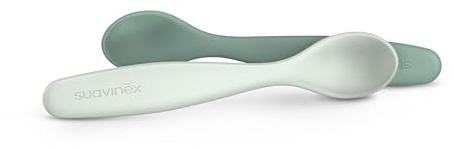 Suavinex, Pack 2 Cucharas para Bebés de Aprendizaje. Cucharas Infantiles. Aptas Encías Sensibles. Con Mango Largo. Ideal Papillas y Potitos. Aptas Lavavajillas. Ergonómicas. Bebés +6 Meses, Verde