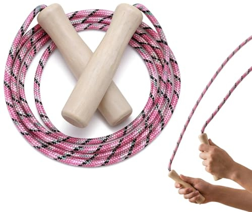 Pink Skipping Rope for Adults, Boys and Girls, Adjustable Braided Cotton Jump Rope with Wooden Handle, Tangle Resistant Fitness Rope for Exercise, Home Gym, Outdoor Training, 240CM