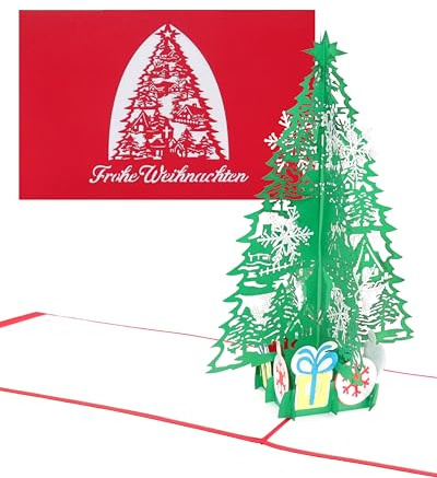 3D Pop Up Karte Weihnachten „Tannenbaum & Geschenke“ - Edle & filigrane Weihnachtskarte mit Umschlag