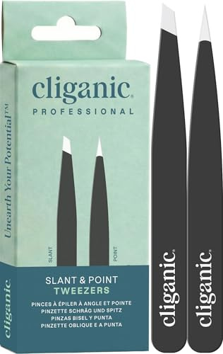 Cliganic Eyebrow Tweezers Set: Slant & Point Precision Tip | Stainless Steel, for Men & Women