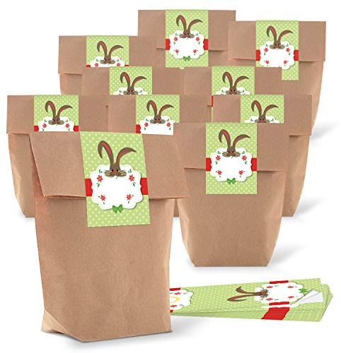 5 kleine braune Papiertüte Kraftpapier Geschenktüten 16,5 x 26 x 6,6 cm + 5 Osterhase Osteretiketten 7,2 x 21 cm Ostern Geschenk Aufkleber grün weiß rot Deko beschriftbar