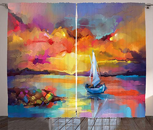 ABAKUHAUS Ölgemälde Rustikaler Vorhang, Impressionist Seascape, Wohnzimmer Universalband Gardinen mit Schlaufen und Haken, 280 x 175 cm, Blau Orange