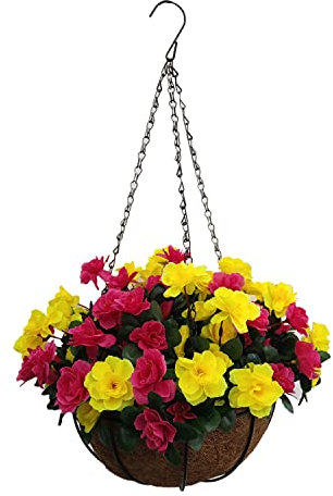 Dekoration für drinnen und draußen, künstliche Seidenblumen, niedlich, DIY-Kette, Hängekorb mit Blumentopf für gelbe und rosarote Azaleen (kleiner Korb)