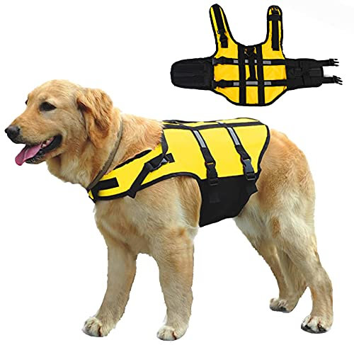Schwimmweste Für Hunde Reflektierende Hundeschwimmweste Mit Rettungsgriff,Hundekleidung, Verstellbar, Rettungsweste Für Kleine, Mittelgroße Und Große Hunde Am Strand, Pool,Gelb,4XLarge