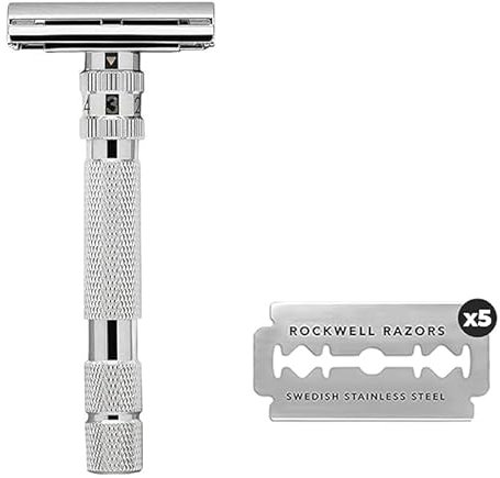ROCKWELL RAZORS T2 Rasierhobel mit langem Griff, mit unendlichen Rasiereinstellungen, 5 Klingen und Reise-Ledertasche, Weiß Chrom