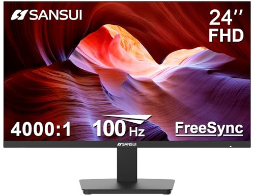 SANSUI skärm 24 tum 100 Hz PC-skärm, HDMI VGA-portar VESA-fäste, FHD-datorskärm ultratunn ergonomisk lutning ögonvård för hemmakontor (ES-24F2, HDMI-kabel ingår)
