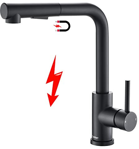 Tohlar Niederdruck Armatur Küche Ausziehbar Schwarz mit Magnet Andocken Brause, Edelstahl Wasserhahn Küche 3 Anschlüsse, 2 Strahlarten Niederdruck Spültischarmatur 360° Drehbar Küchenarmatur L-Förmig