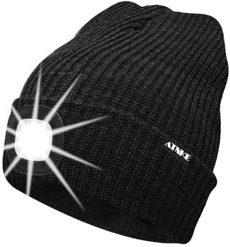 ATNKE Unisex LED Mütze mit Licht,Wiederaufladbare USB 4 LED Beleuchtete Laufmütze Extrem Heller Lampe Winter Warme Stricken Mütze für Herren und Damen Geschenke/Dark Grey