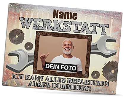 Werkstattschild selbst gestalten - Kann alles reparieren außer Dummheit - mit Name und Foto personalisiertes Outdoorschild aus Aluminium | Wetterfest, 28x20 cm