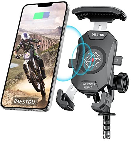iMESTOU Moto Forcella Stelo Telefono Mount Senza Fili/USB C Caricabatterie con RAM 25mm Palla si Adatta per Ducati, Honda, BMW... con Fori Della Forcella Diametro 12-25,4mm per 4,0-6,8 Telefoni