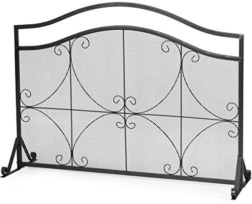 GiantexUK Wrought Iron Fireplace Screen, Freestanding Spark Guard with Triangle Base, Mesh Safety Fire Place Guard for Indoor and Outdoor