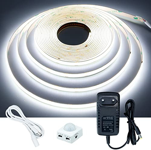 GOMING 12V 5M COB LED Streifen mit Bewegungsmelder Netzteil Kaltes Weiß | 6000K LED Strip IP20 Nicht Wasserdicht LED Band Selbstklebend für Treppen Kinderzimmer Schränke Bettlampenbeleuchtung