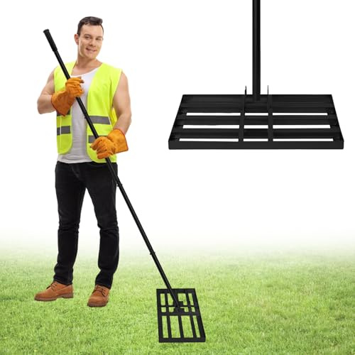 UISEBRT 25x50cm Rasen Nivellierungsrechen 3 IN 1 Multifunktions Metall Gartenrechen mit Stiel Rakel zum Sanden Abziehen Levelingrake Flächenebner für Garten Yard Golf - Schwarz
