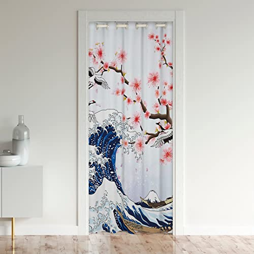 Onda giapponese - Tenda per porta, 86 x 203 cm, motivo floreale, per interni, soggiorno, camera da letto, soggiorno, tende, esterni, ingresso mare, fluttuazioni, tenda oscurante
