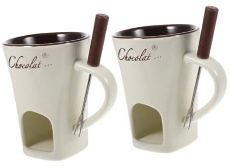 BESTonZON 2 PCS Chocolate Fondue Mug, Butter Melting Fondue Pot Mug with Fork, Multifunction Chocolate Ice Cream Pot Lovely Dessert Bowl Kitchen Accessory Tealight Hot (White)
