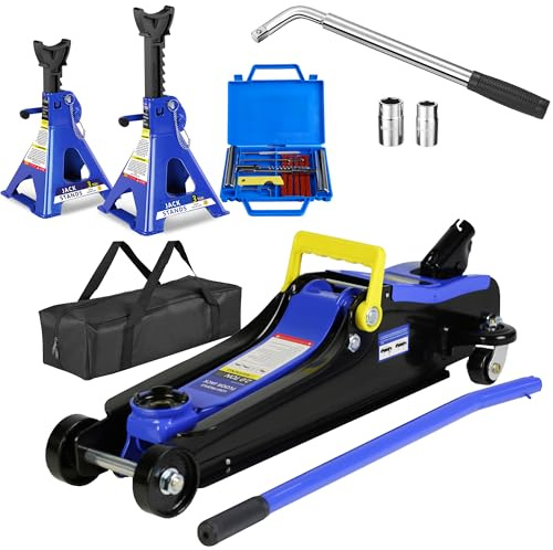 Pvillez Set of 6 Floor Jack and Jack Stands, 2 Ton(4400lb) Low Profile Floor Jack w/1 Piston Quick Lift Pump, 2 Pcs 3T Jack Stand &12 Pcs Tire Repair Kit, L-Wrench,Floor Jacks Lifting Range 3.3-15.2