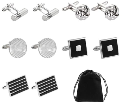 5 Paar Manschettenknöpfe aus Edelstahl, 1 Aufbewahrungstasche, Hemdanzug-Manschettenknöpfe, Herrenanzug-Manschettenknöpfe (Schwarz und Silber)