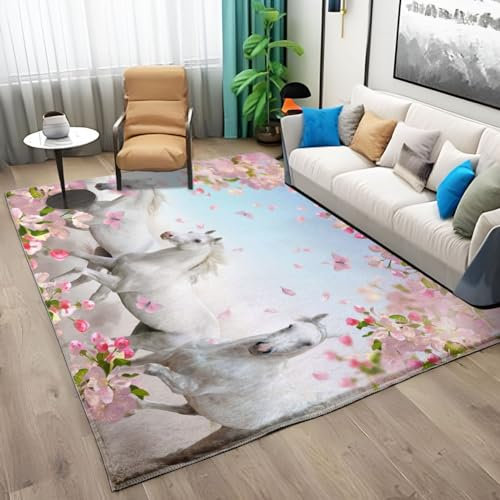 Tierisches Weißes Pferd Teppich 160x230cm - Rutschfest Waschbar Flanell Kinderteppich Mit Pinken Blumen - Moderner Dekoration für Schlafzimmer, Kinderzimmer, Wohnzimmer, Balkon, Esszimmer