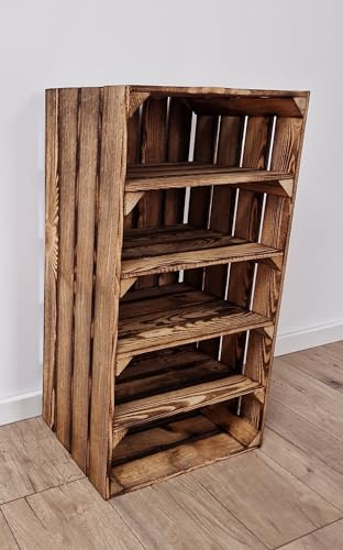 PYXIDAS Cassette Portaoggetti in Legno Resistente con 2,3,4 Ripiani, 75x40x30 cm, Scarpiere in Legno (1 cassa 4 ripiani corti, Effetto Bruciato)