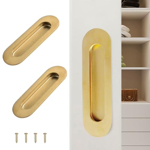 Deyixinup 2 tiradores de puerta corredera ovalados dorados empotrados de acero inoxidable con tornillos ocultos para puertas corredizas, armarios, cajones, armarios