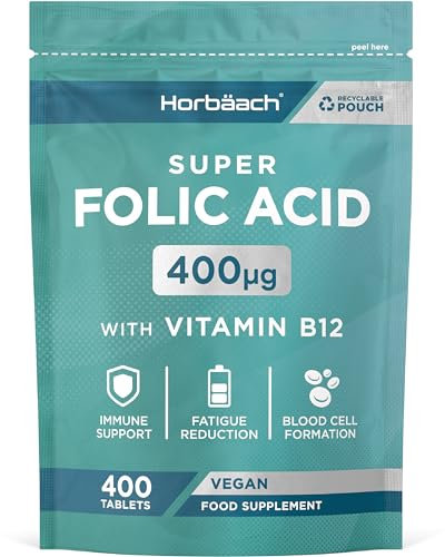 Folic Acid Tablets 400mcg | 400 Count (1+ Year Supply) | with Added 5mcg of Vitamin B12 Cyanocobalamin | Pregnancy Support | Suitable for Vegans | by Horbaach