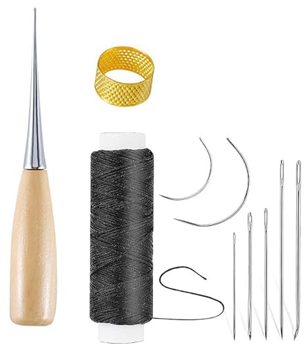 HRLORK 10 Pcs Curved Upholstery Leather Needle Hand Sewing Kit with Waxed Thread, Drilling Awl and Thimble for Leather Repair and DIY Crafts
