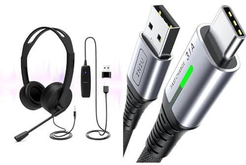 Venker USB Headset with Microphone, 3.5mm/USB Jack 2-In-1 Computer Headset & INIU USB C Charger Cable 2m 3.1A Type C Cable Fast Charging, Braided USB A to USB-C Phone Charger