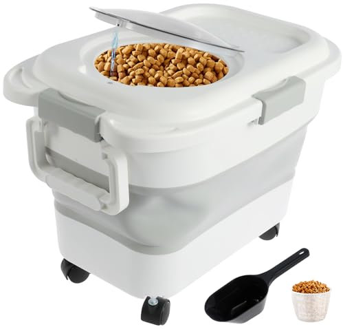Contenitore per cibo per cani e gatti, 45 x 29 x 27 cm, contenitore pieghevole per alimenti per animali domestici, con ruote rimovibili, portatile, ermetico, dispenser per cibo per animali