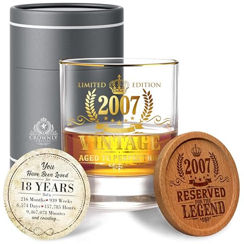 CROWNLY CRYSTAL® 2007 Verre à Whisky Cadeau 18 Ans Homme Original Personnalisé Anniversaire Deco Copain Amie Frère