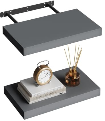 WOLTU 2 Pcs Floating Shelves, 40cm Dark Grey Wall Shelf, Display Shelf | MDF Wooden Shelving Boards, Hanging Space Saving Photos & Organiser for Bedroom, Living Room, Kitchen, Bathroom