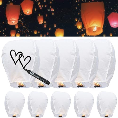 10 Packs Chinese Sky Lanterns to Release in Sky, White, Fire Resistant Paper Lantern for Memorial, Premium Quality ECO Friendly Biodegradable Flying Lanterns for Parties Supplies and Festivals